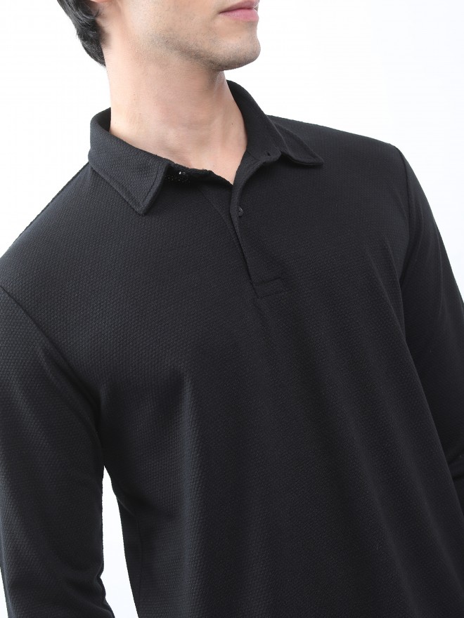 Highlander Men Black Solid Polo Collar Polo T-Shirts 