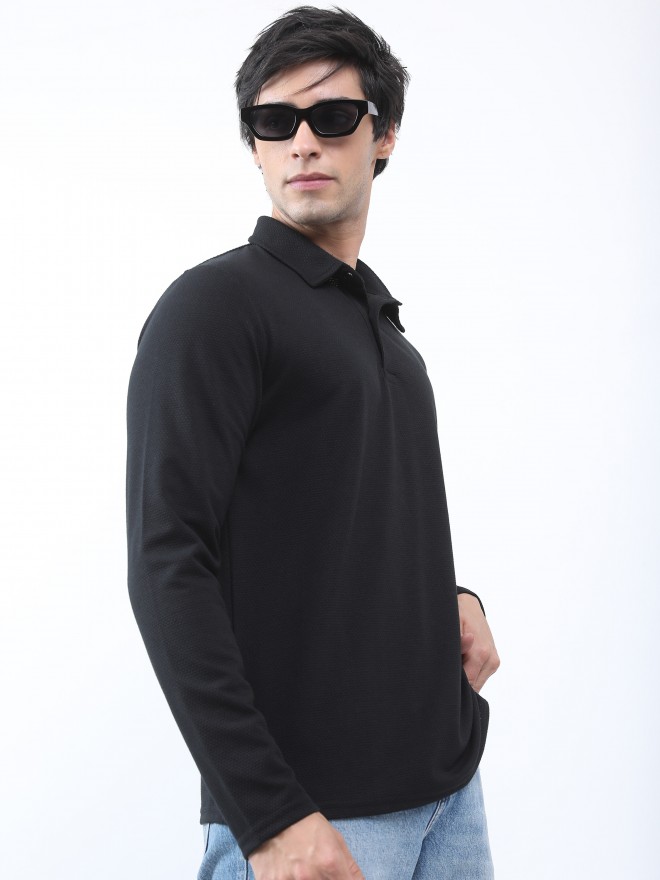 Highlander Men Black Solid Polo Collar Polo T-Shirts 