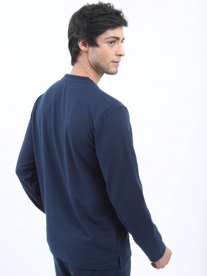 Buy Ketch Structured Navy Blue Solid Henley Neck T-Shirt for Men