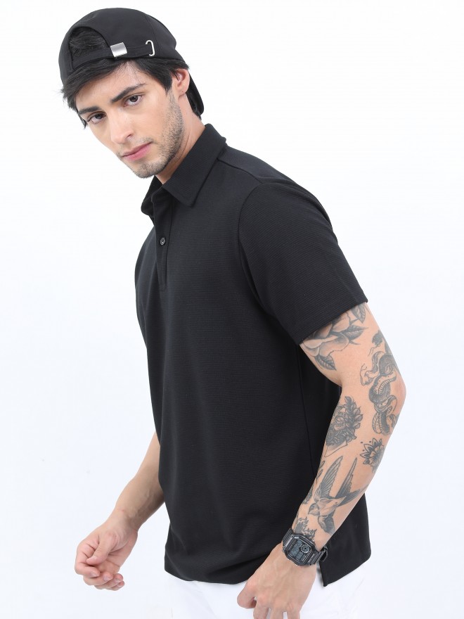 Ketch Men Black Solid Polo Collar Polo T-Shirts 