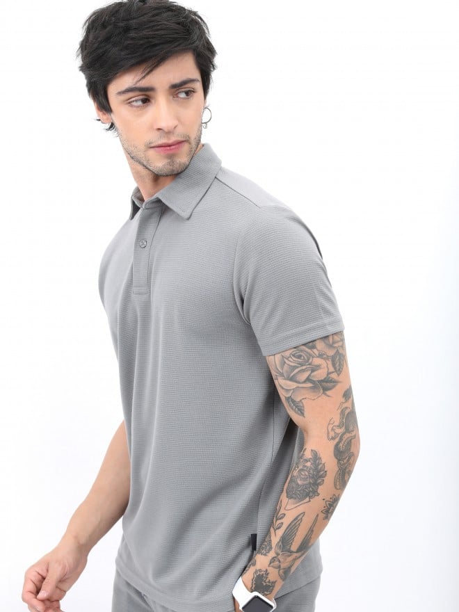 Ketch Men Grey Solid Polo Collar Polo T-Shirts 