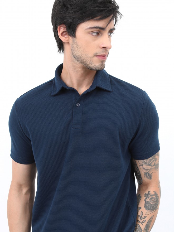 Ketch Men Navy Blue Solid Polo Collar Polo T-Shirts 