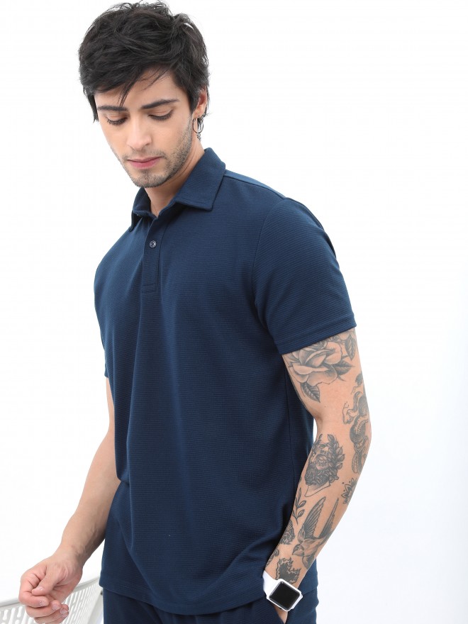 Ketch Men Navy Blue Solid Polo Collar Polo T-Shirts 