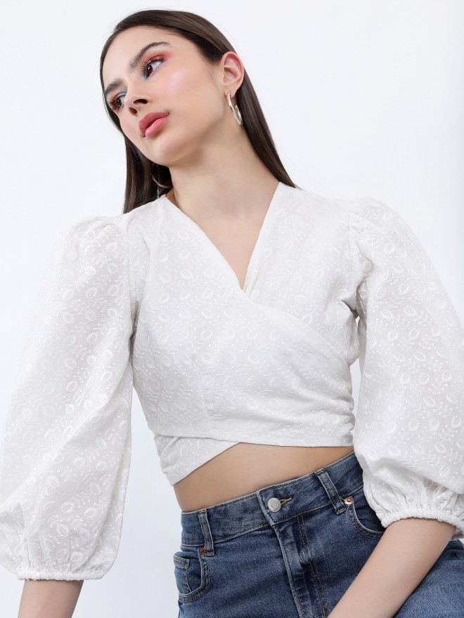 Buy Tokyo Talkies White Self Design Wrap Crop Top for Women Online
