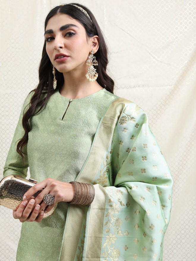 Buy Vishudh Sea Green Ethnic Motifs Printed Poly Brocade Kurta With ...