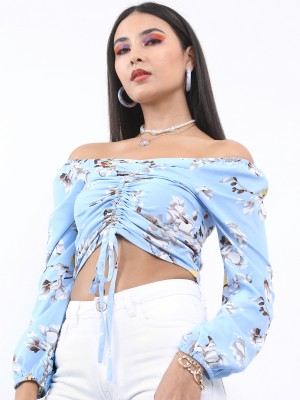 Kookai Womens Off Shoulder Crop Top Size 38 Blue Short Sleeve Casual 3019