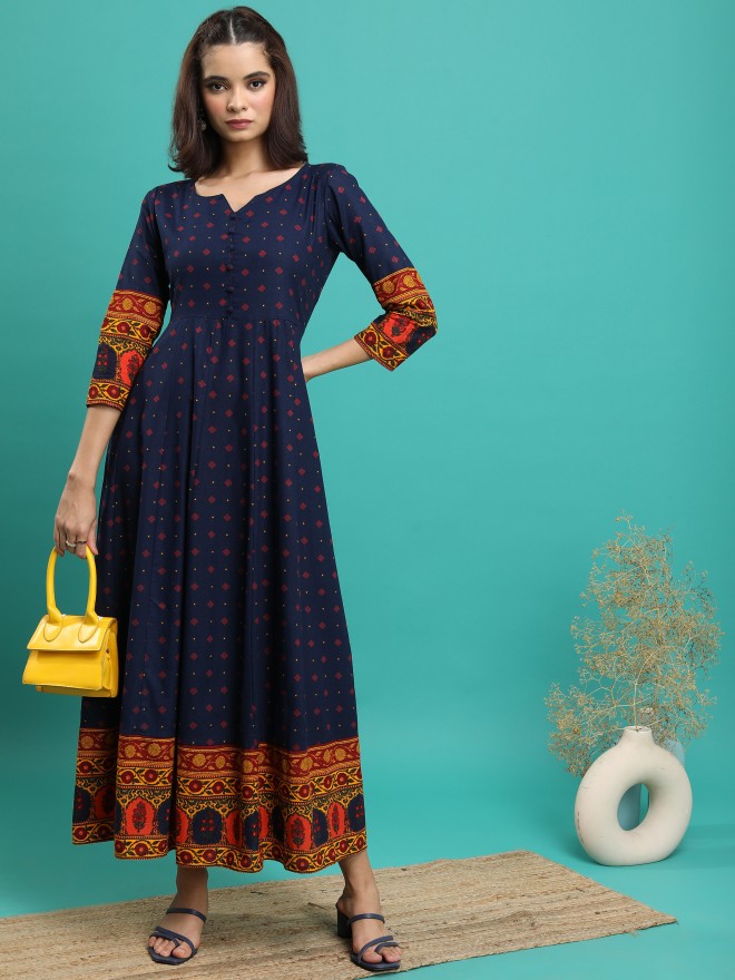 Buy Vishudh Navy Blue Mustard Printed Maxi Dress For Women Online At Rs 