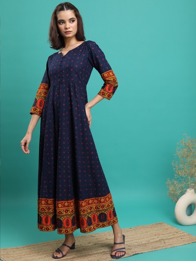 Buy Vishudh Navy Blue/Mustard Printed Maxi Dress for Women Online at Rs ...