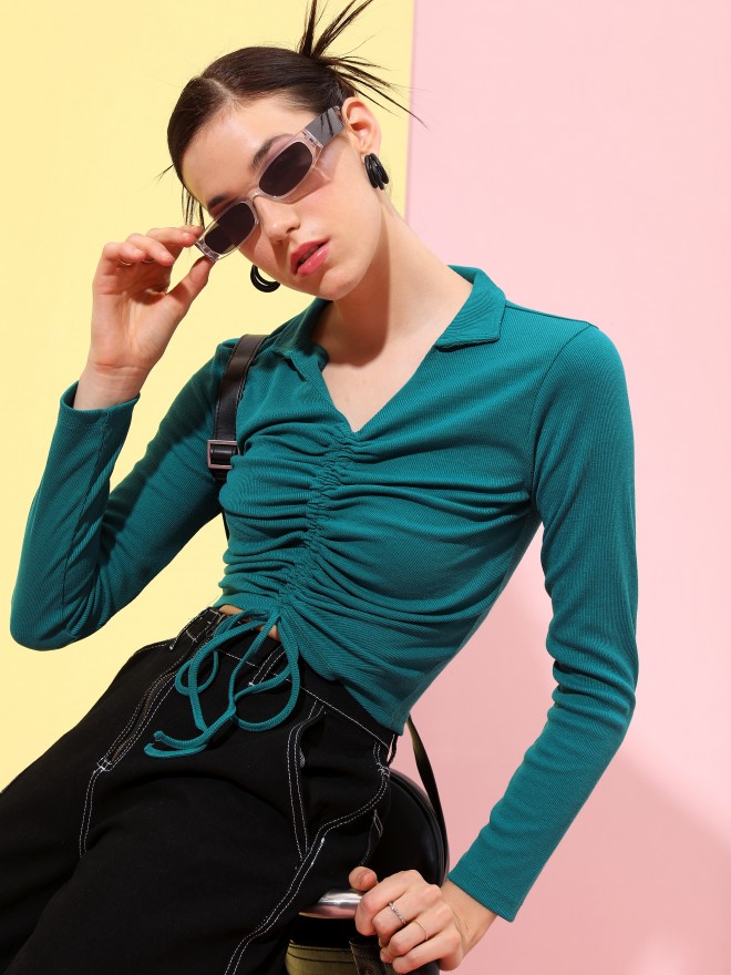 Tokyo Talkies Women Green Solid Fitted Tops 