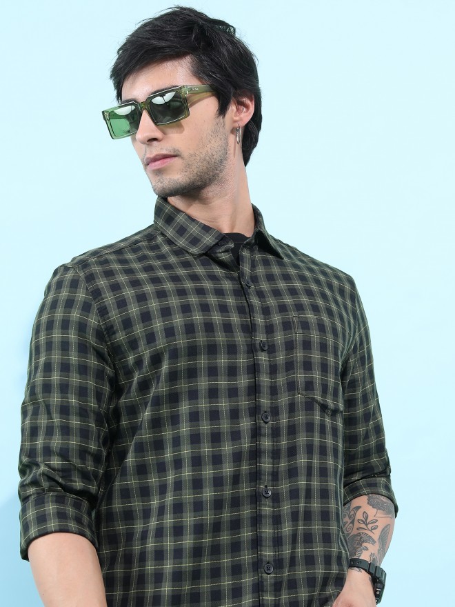 Buy Men Olive Slim Fit Check Full Sleeves Casual Shirts Online