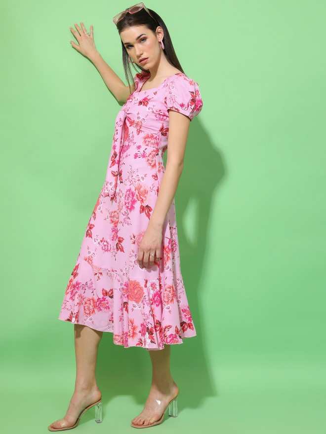 Buy Tokyo Talkies Pink Printed Fit And Flare Dress For Women Online At Rs