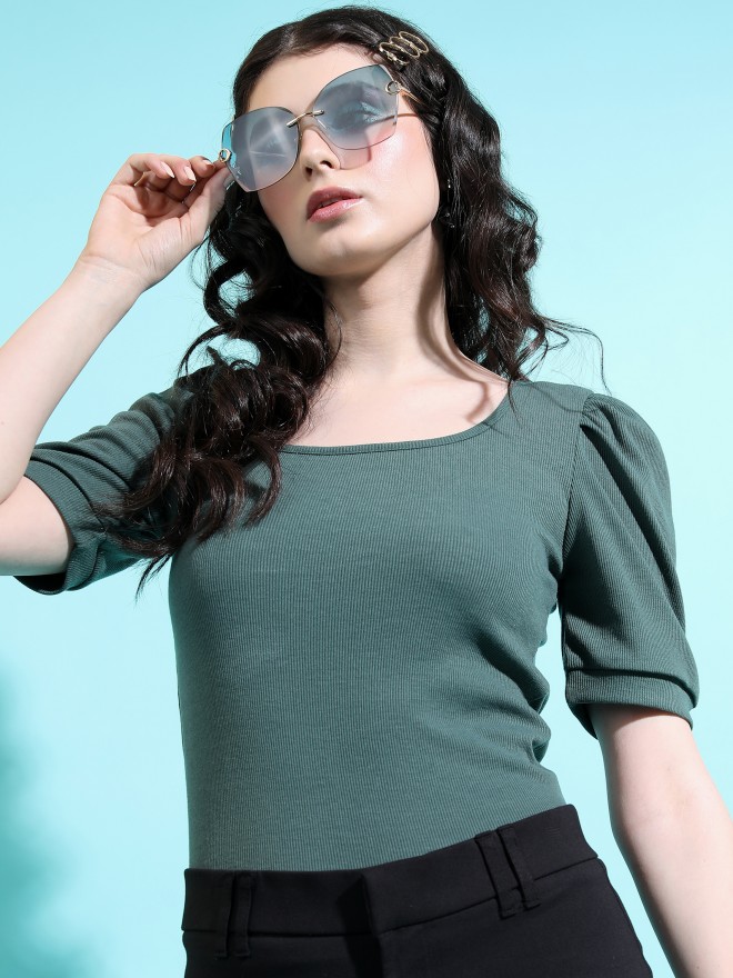 Tokyo Talkies Women Green Solid Fitted Tops 