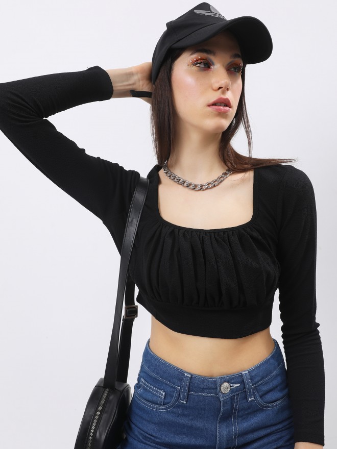 Buy Tokyo Talkies Black Solid Ruched Bust Crop Top for Women Online at ...