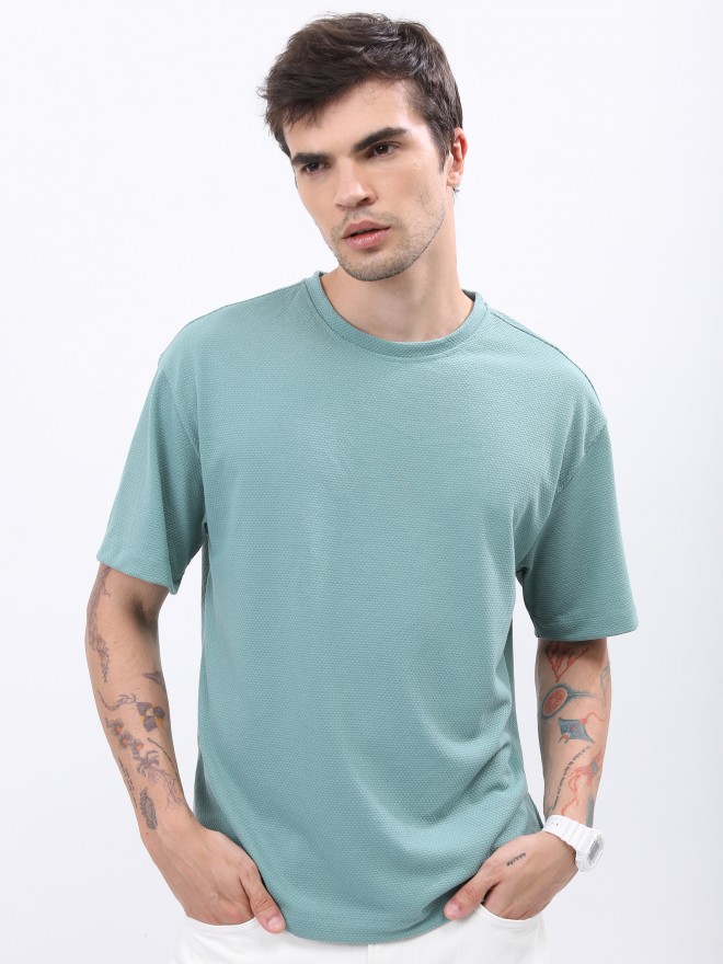 Highlander Men Sea Green Solid Oversized Round Neck T-Shirt