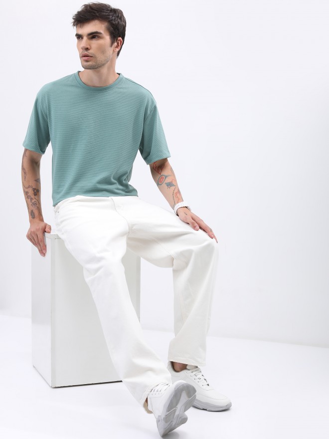 Highlander Men Sea Green Solid Oversized Round Neck T-Shirt