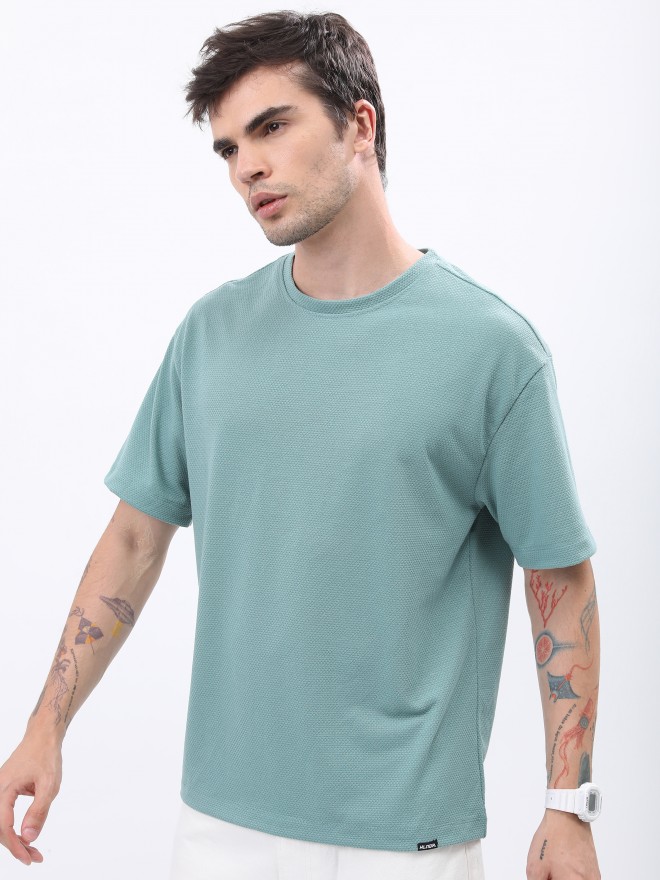 Highlander Men Sea Green Solid Oversized Round Neck T-Shirt