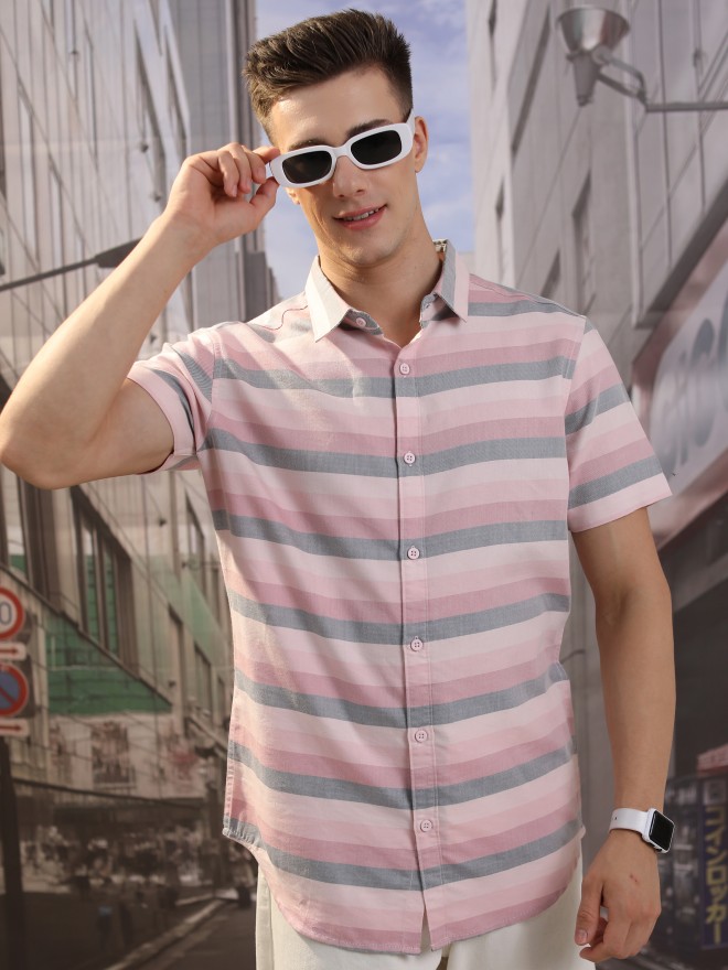 Highlander Men Pink Striped Slim Fit Casual Shirts 