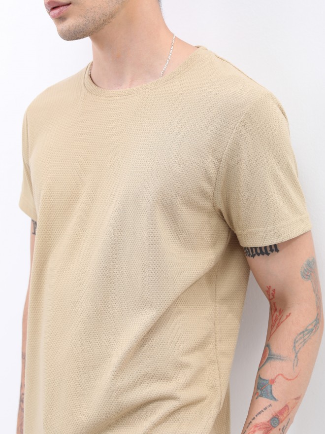 Highlander Men Cream Solid Round Neck T-Shirts 