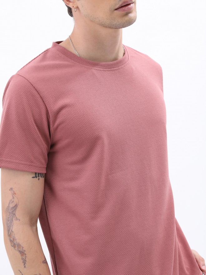 Highlander Men Pink Solid Round Neck T-Shirts 