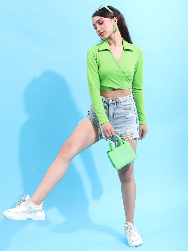 Tokyo Talkies Women Green Solid Wrap Tops 