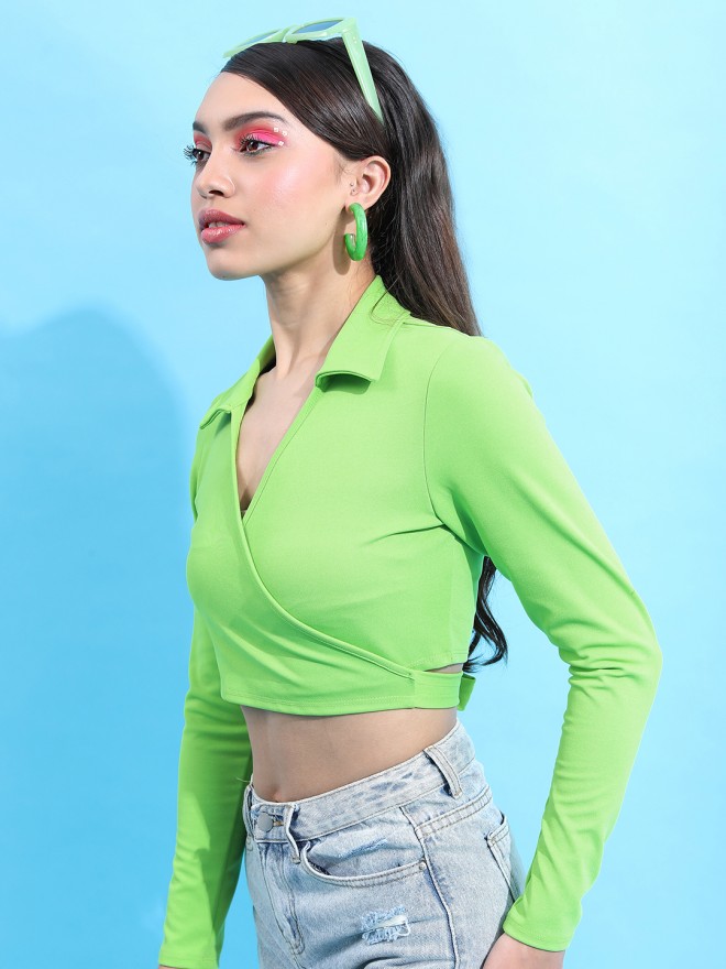 Tokyo Talkies Women Green Solid Wrap Tops 