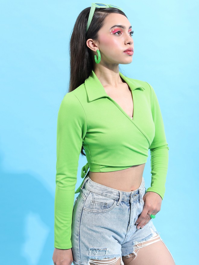 Tokyo Talkies Women Green Solid Wrap Tops 