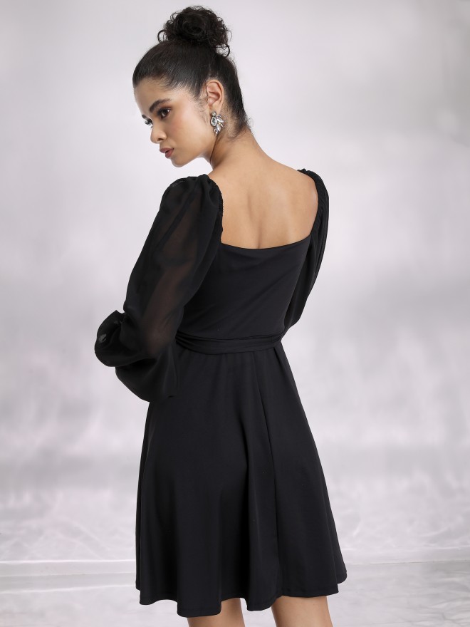 Vertical Texture Fit And Flare Dress in Black/Ecru | MILLY