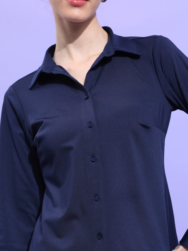 Tokyo Talkies Women Navy Blue Solid Casual Shirts 