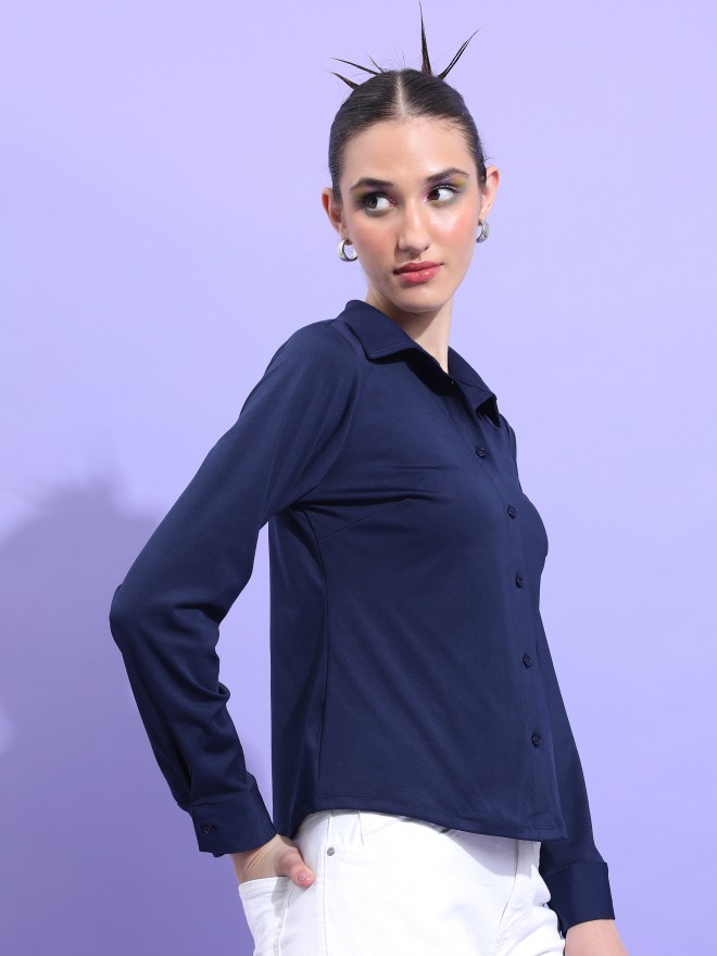 Tokyo Talkies Women Navy Blue Solid Casual Shirts 