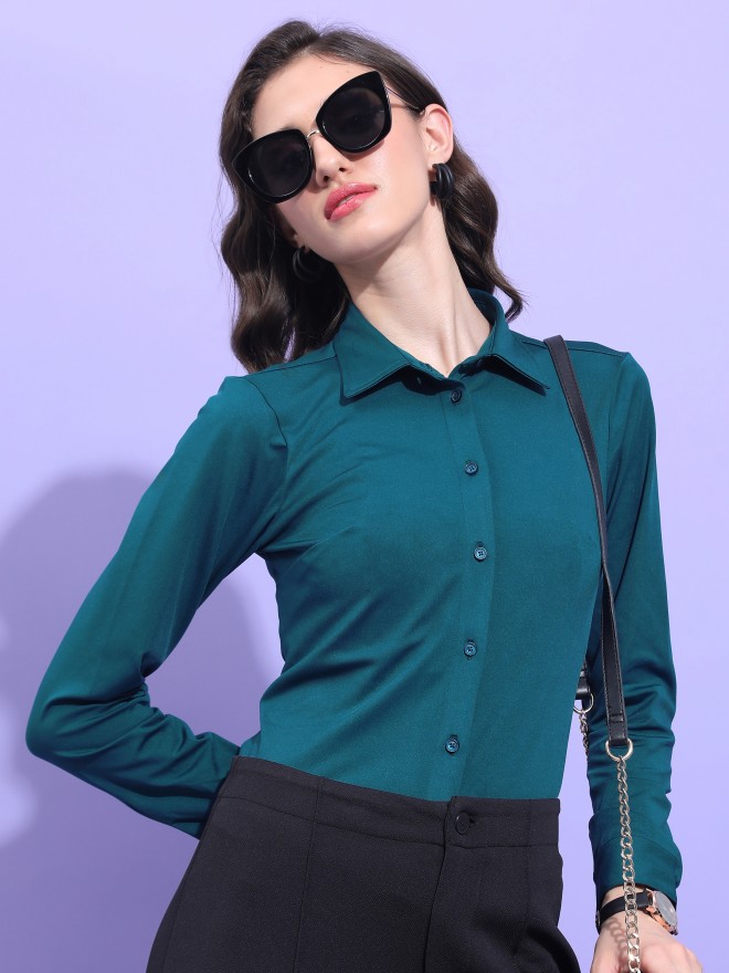 Tokyo Talkies Women Teal Solid Casual Shirts 