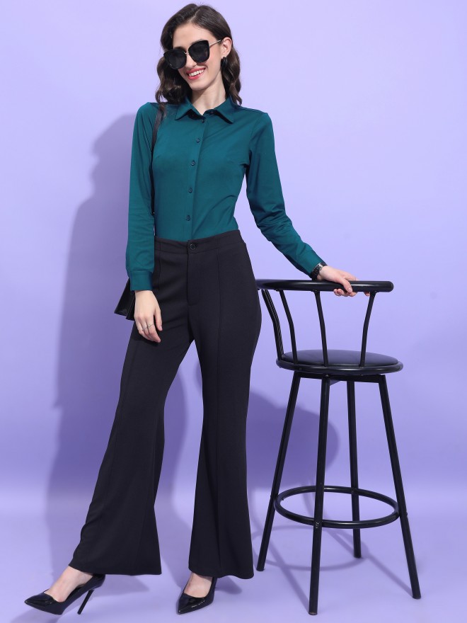 Tokyo Talkies Women Teal Solid Casual Shirts 