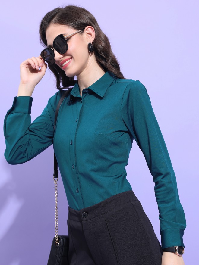 Tokyo Talkies Women Teal Solid Casual Shirts 