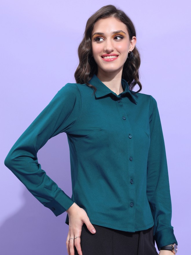 Tokyo Talkies Women Teal Solid Casual Shirts 