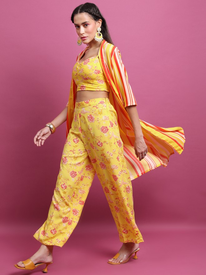 Mustard Printed Embroidered Crop Top With Jacket & Pants Design by Paulmi &  Harsh at Pernia's Pop Up Shop 2023