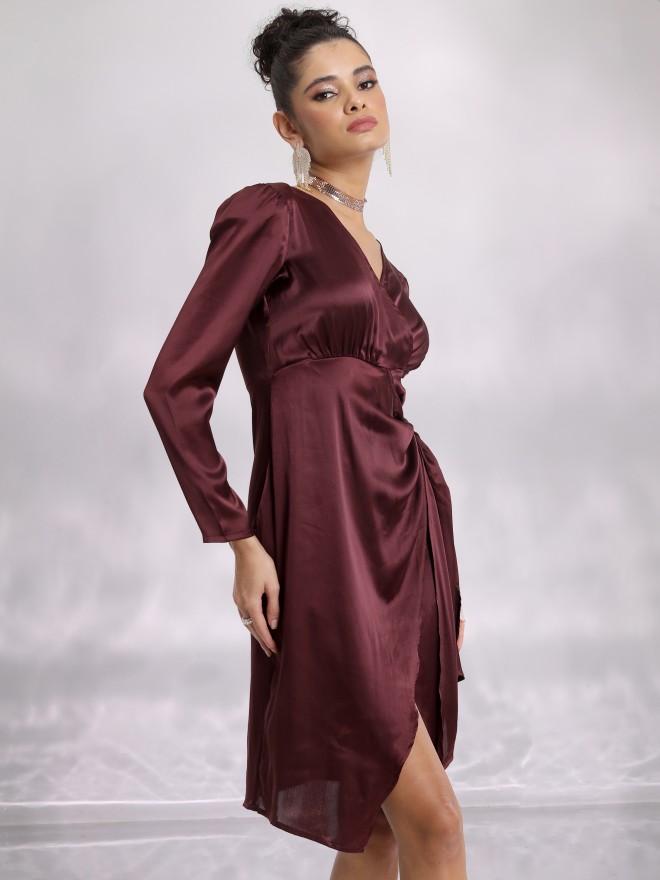 Ketch Women Brown Solid Wrap Dresses 