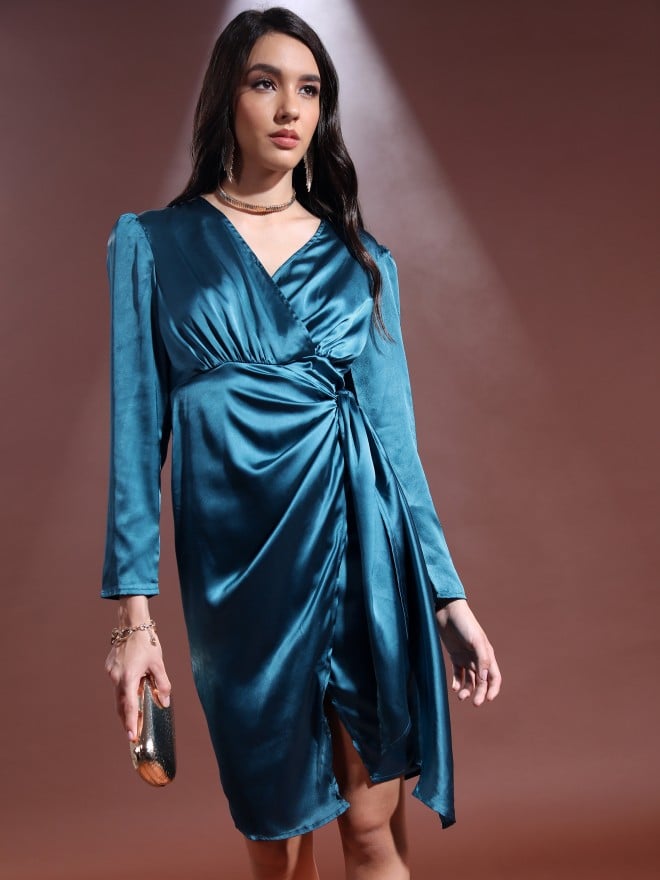 Ketch Women Teal Solid Wrap Dresses 