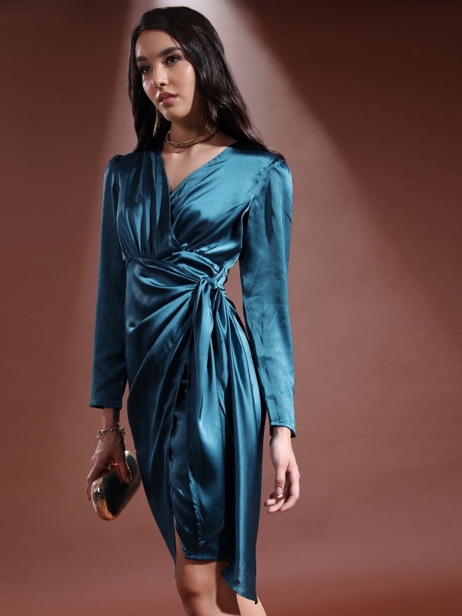 Ketch Women Teal Solid Wrap Dresses 