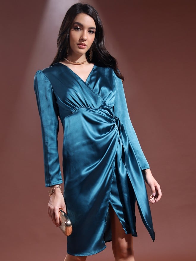 Ketch Women Teal Solid Wrap Dresses 