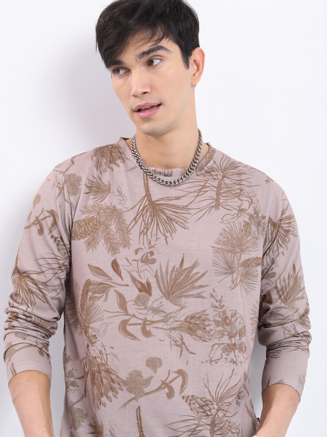 Highlander Men Beige Printed Round Neck T-Shirts 