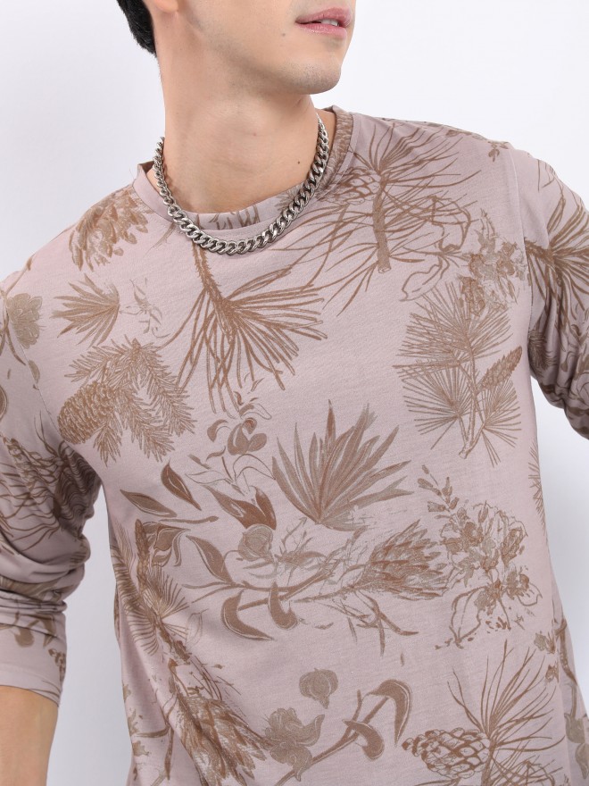 Highlander Men Beige Printed Round Neck T-Shirts 