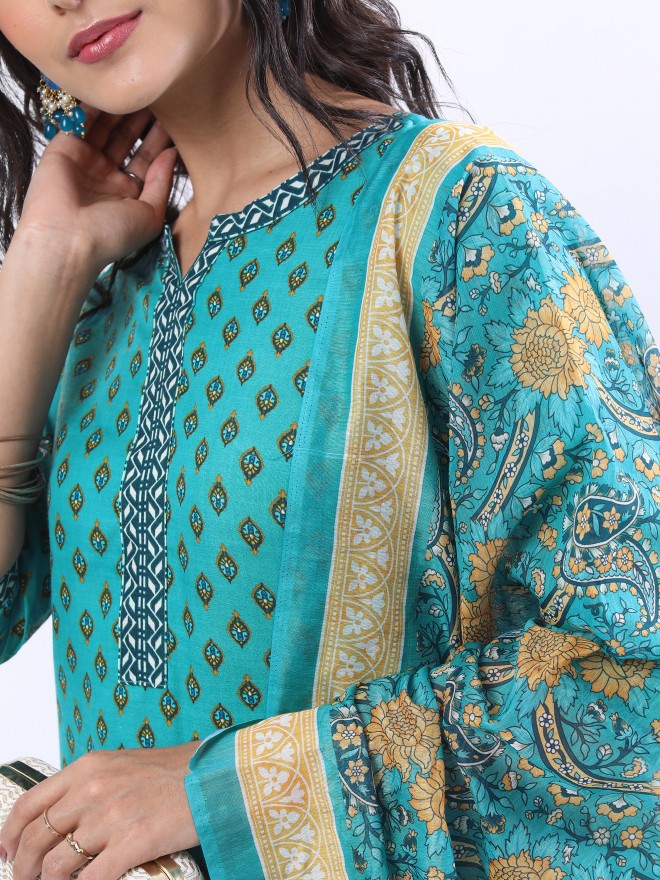 Ketch Women Teal Printed Kurta Sets 