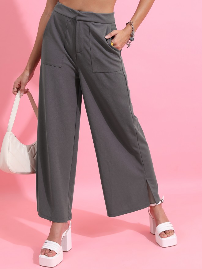 Women Grey Regular Fit Solid Casual Trousers