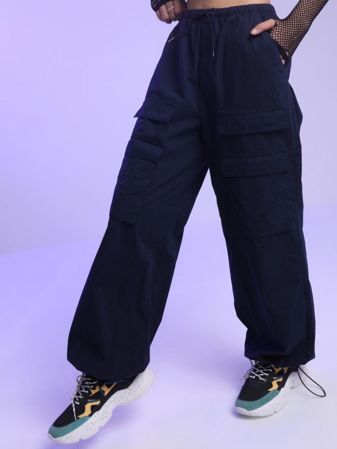 Tokyo Talkies Women Navy Blue Solid Loose Fit Casual Trousers 