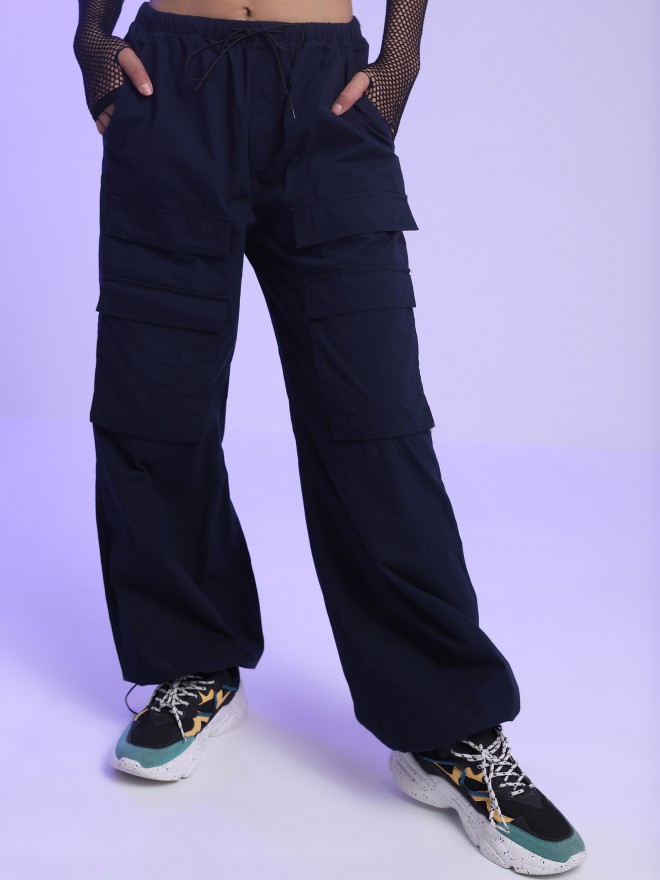 Tokyo Talkies Women Navy Blue Solid Loose Fit Casual Trousers 