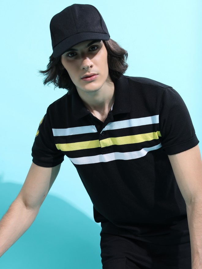 Highlander Men Black Striped Polo Collar Polo T-Shirts 