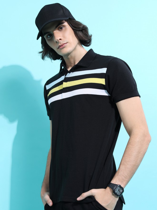 Highlander Men Black Striped Polo Collar Polo T-Shirts 