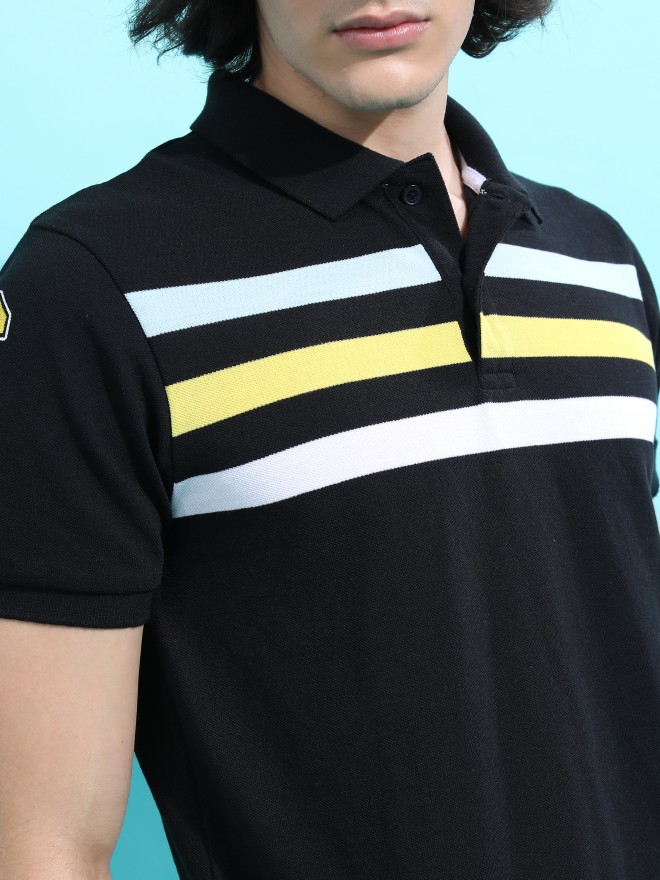 Highlander Men Black Striped Polo Collar Polo T-Shirts 