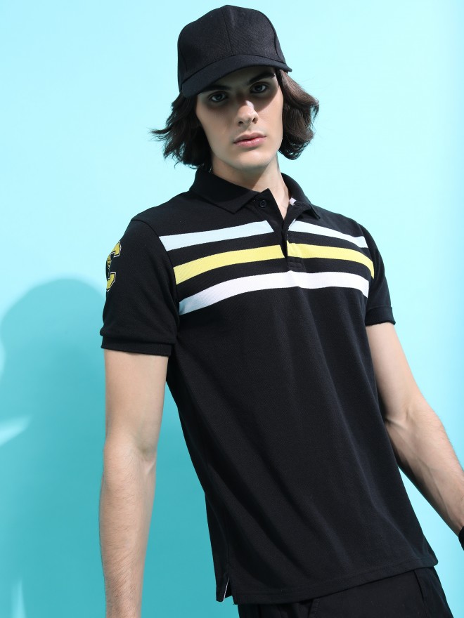 Highlander Men Black Striped Polo Collar Polo T-Shirts 