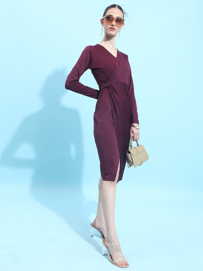 Ketch Women Burgundy Solid Wrap Dresses 