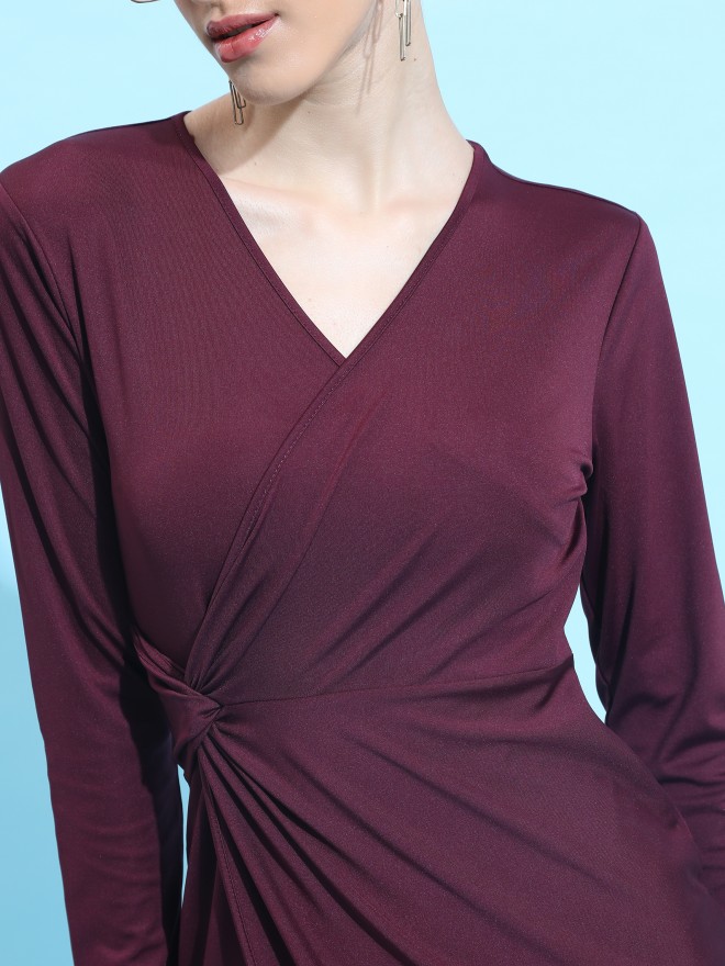 Ketch Women Burgundy Solid Wrap Dresses 